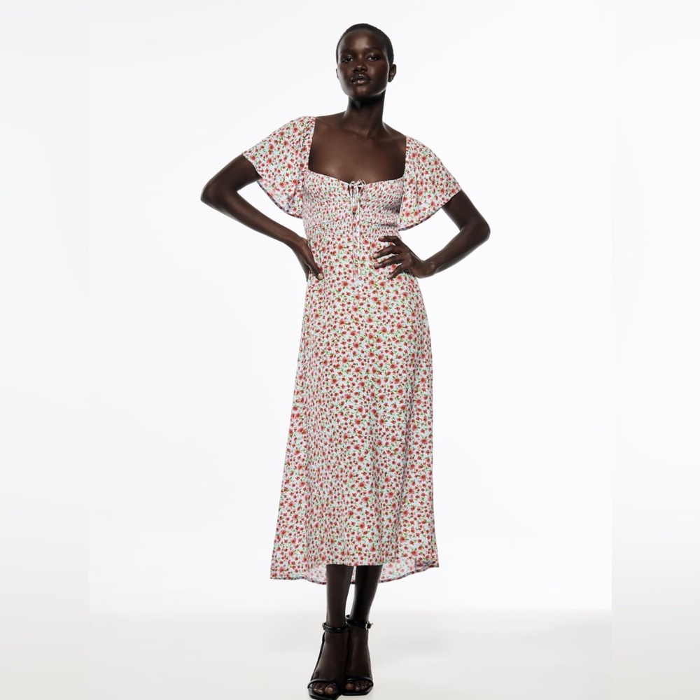 Zara Blue Red Floral Smocked Midi Dress Flutter Sleeves Medium